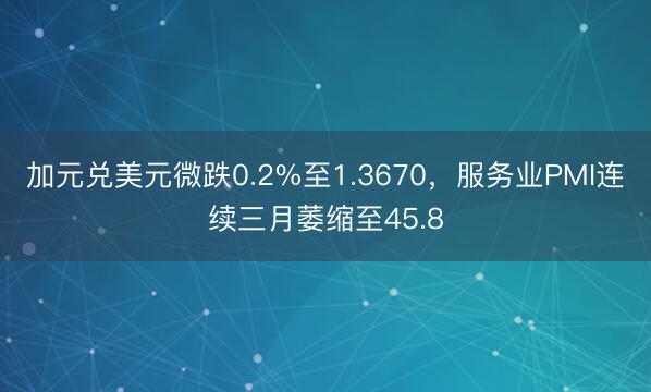 加元兑美元微跌0.2%至1.3670，服务业PMI连续三月萎缩至45.8